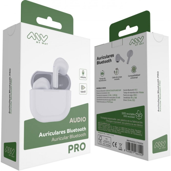 Myway Auriculares Bluetooth Wireless Touch MWHPH0030 con Estuche de Carga, Autonomía 3h, Blancos